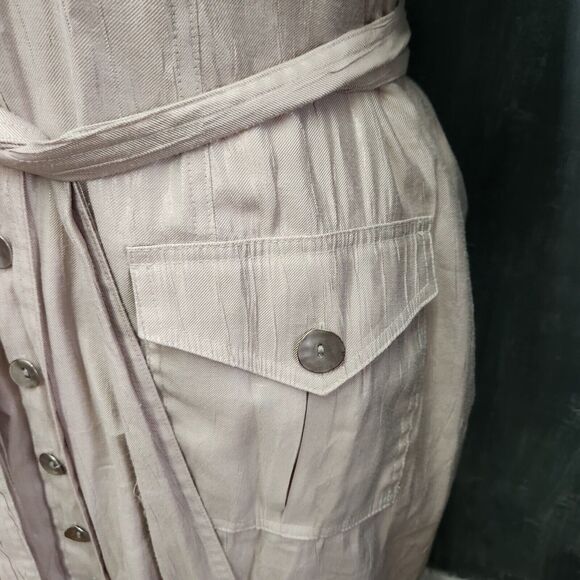 Chico's Button Front Shirt Dress Beige Shimmer 3.5/ XL Short Sleeves Pockets - Picture 4 of 15